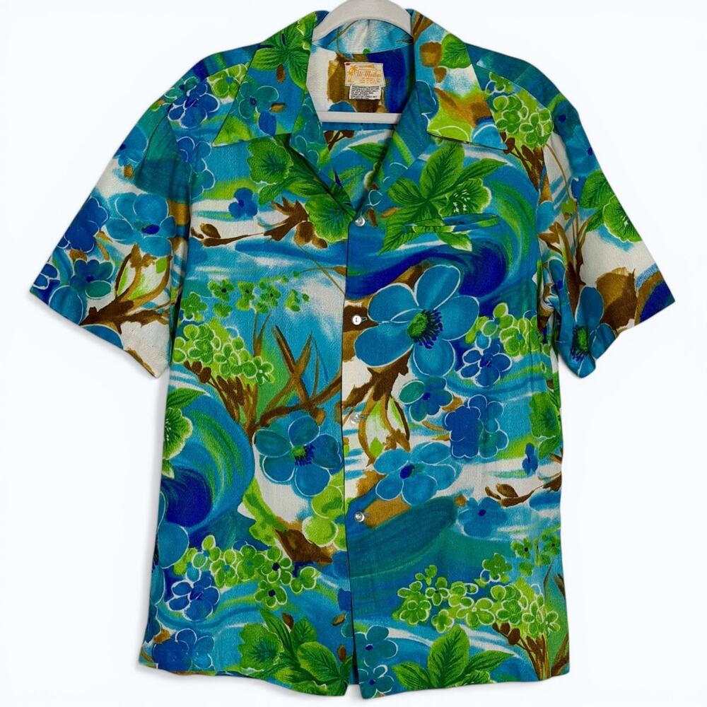 Vintage 50s 60s Ui Maikai Hawaiian Shirt Barkcloth Blue Floral Aloha Size L